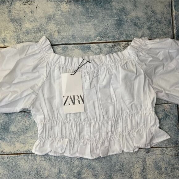 ZARA Womens BALLOON Sleeve Crop Top Blouse  White 100% Cotton  NWT | 3564/102 | - Picture 1 of 4